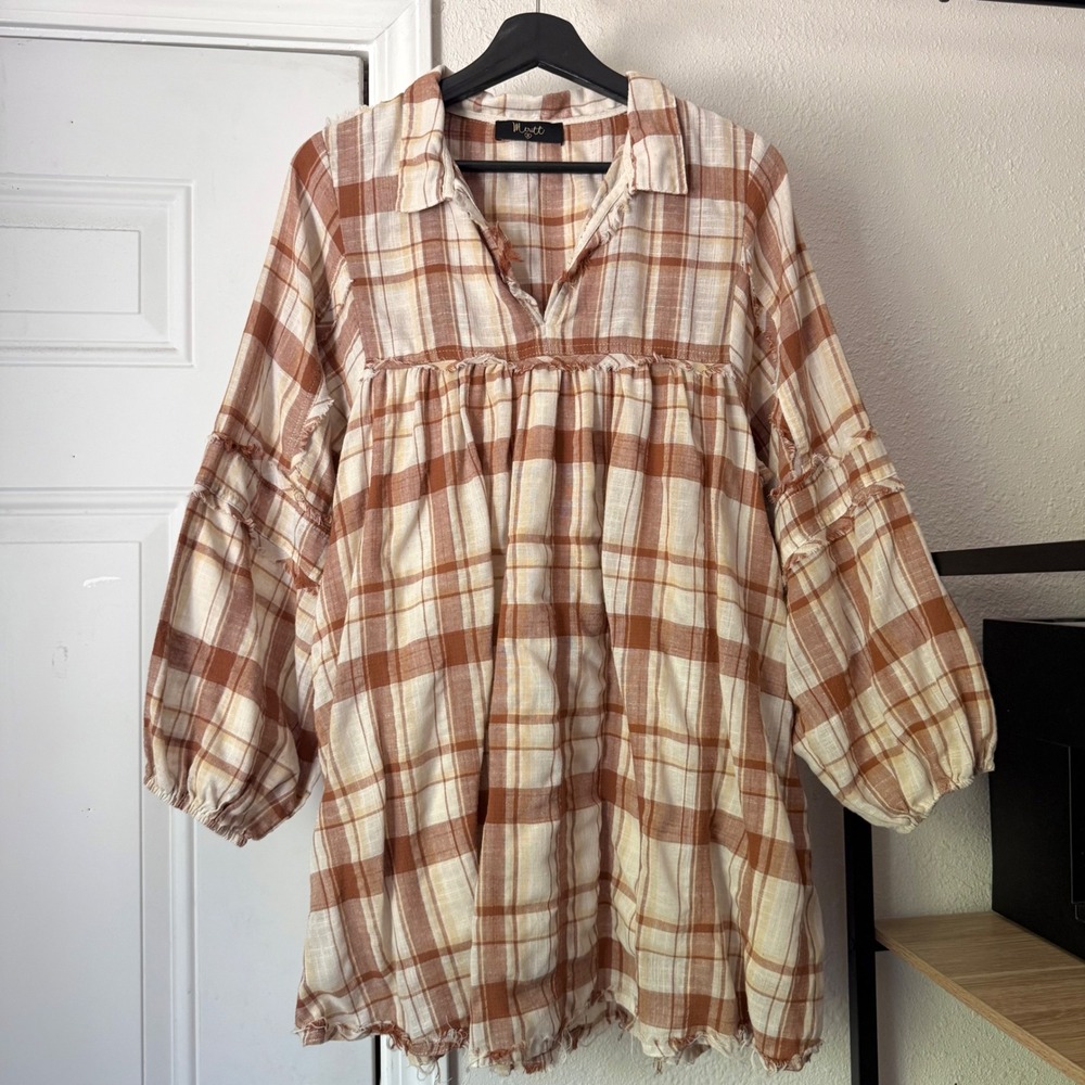 MERITT white rust plaid babydoll cotton fray long puff sleeve mini dress
